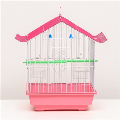 Клетка для птиц домик с кормушками, 30 х 23 х 39 см, розовая