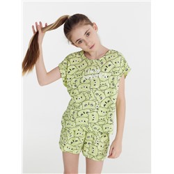 Комплект для девочек (футболка, шорты) зеленый с котиками