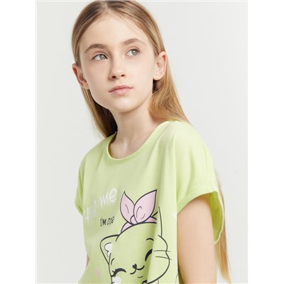 Комплект для девочек (футболка, брюки) лаймо-зеленый с котиками