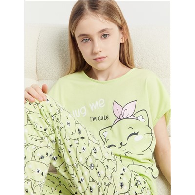 Комплект для девочек (футболка, брюки) лаймо-зеленый с котиками