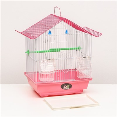 Клетка для птиц домик с кормушками, 30 х 23 х 39 см, розовая