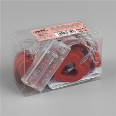Гирлянда «Нить» 1.5 м с насадками «Сердце красное», IP20, прозрачная нить, 10 LED, свечение тёплое белое, 2 × AA