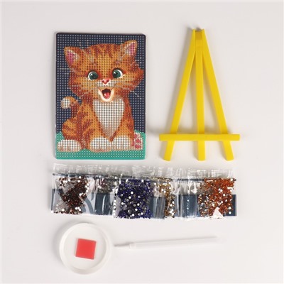 Алмазная мозаика для детей «Милый котик» + ёмкость, стержень с клеевой подушечкой, 10х15 см