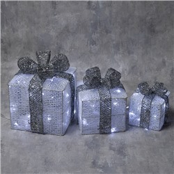 Светодиодная фигура «Подарки с серой лентой» 15, 20, 25 см, текстиль, металл, 220 В, 8 режимов, свечение белое