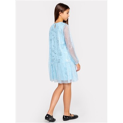 Платье для девочек голубое с принтом "пегасы"