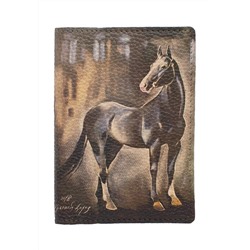 Обложка на паспорт с принтом Eshemoda “Вороная лошадь”, натуральная кожа, цвет чёрный
