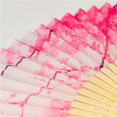 Веер бамбук, текстиль h=23 см "Лодочка под сакурой" розовый, с кисточкой