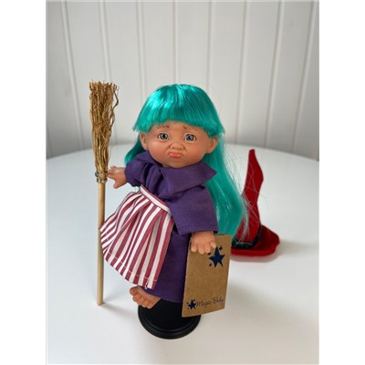 Пупс-мини "Ведьмочка", с зелеными волосами, в красной шляпе, 18 см. арт. 138U-10