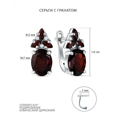 Серьги из серебра с гранатом и кубическим цирконием родированные 925 пробы GTE-2360-G