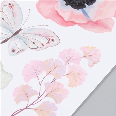 Наклейка пластик интерьерная цветная "Птичка с бабочками и цветами" набор 4 листа 20х30 см