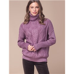 Теплый свитер с узорной взякой из пряжи с добавлением атласной нити. Цвет лиловый, Размер 42