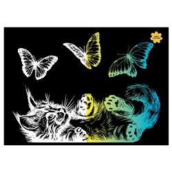 Гравюра с голографическим эффектом ТРИ СОВЫ "Кошка и бабочки", А4