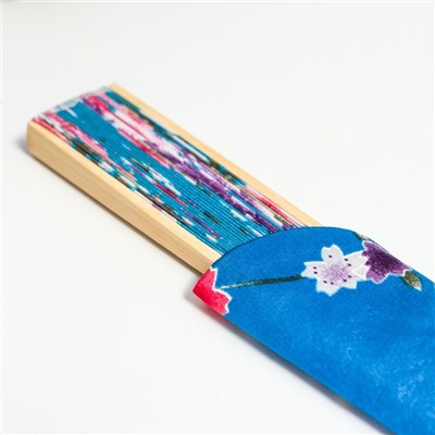 Веер бамбук, текстиль h=21 см "Цветы" с чехлом, голубой