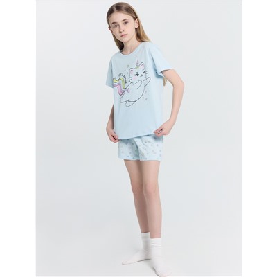 Комплект для девочек (футболка, шорты) голубой в сердечки