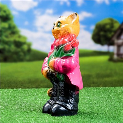 Фигура "Кот большой с тюльпанами" малиновый 40см