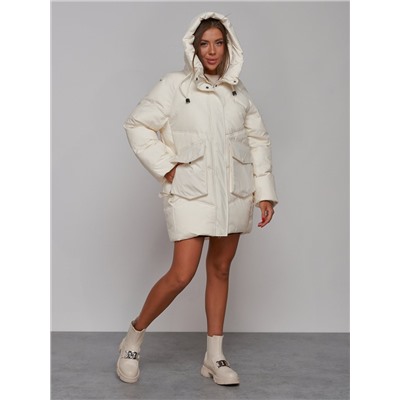 Зимняя женская куртка модная с капюшоном бежевого цвета 52310B