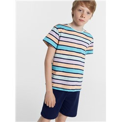 Комплект для мальчиков (футболка, шорты) синий в разноцветную полоску