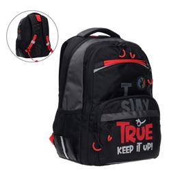 Рюкзак школьный Grizzly, 39 х 28 х 19 см, эргономичная спинка, отделение для ноутбука, чёрный, красный