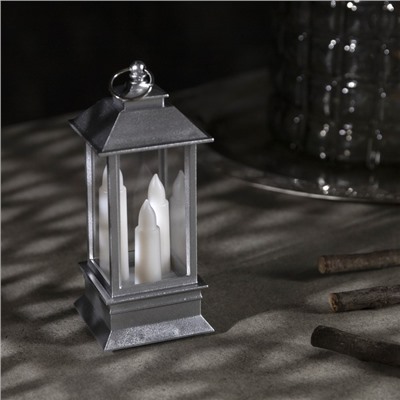 Светодиодная фигура «Серебристый фонарь со свечками» 5.5 × 13 × 5.5 см, пластик, батарейки AG13х3, свечение тёплое белое