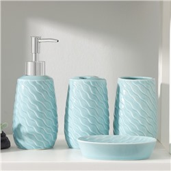 Набор аксессуаров для ванной комнаты Доляна «Волны», 4 предмета (дозатор 400 мл, мыльница, 2 стакана), цвет голубой