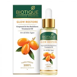 BIOTIQUE Advanced Organics Glow Restore Grapeseed &amp; Sea Buckthorn Treatment Oil Восстанавливающее масло для лица из виноградных косточек и крушины 30мл