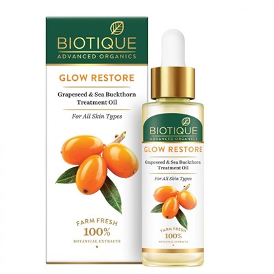 BIOTIQUE Advanced Organics Glow Restore Grapeseed &amp; Sea Buckthorn Treatment Oil Восстанавливающее масло для лица из виноградных косточек и крушины 30мл