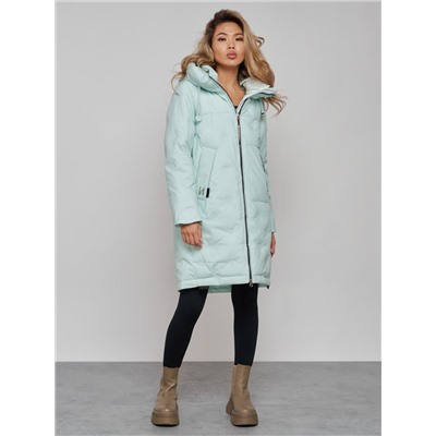Пальто утепленное молодежное зимнее женское бирюзового цвета 59122Br