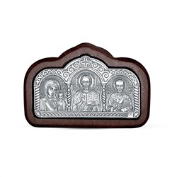 Икона автомобильная из чернёного серебра на дереве - Богородица, Спаситель, Святой Николай (толщина 6 мм) ОД-014