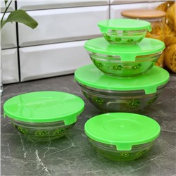 Набор стеклянных салатников с крышками «Киви», 5 шт: 130/200/350/500/900 мл, цвет зеленый
