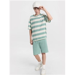 Комплект для мальчиков (футболка, шорты) молочно-зеленый в полоску