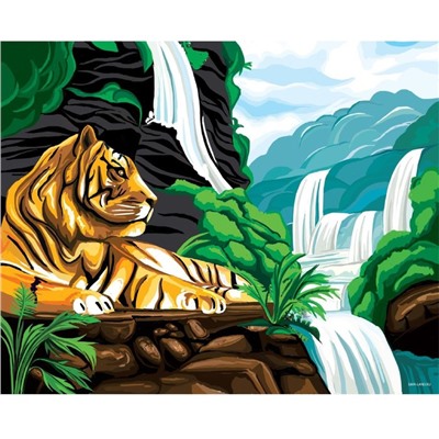 Алмазная мозаика с частичным заполнением на холсте «Тигр у водопада», 40 х 50 см