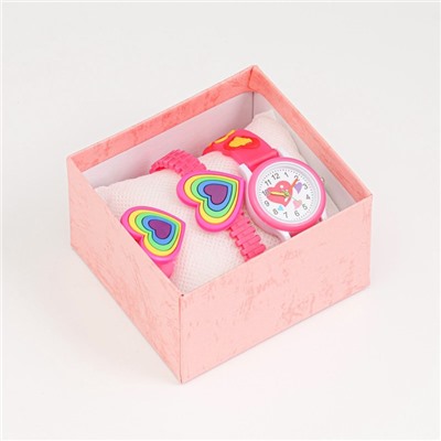 Детский подарочный набор для девочек "Сердечко" 3 в 1: наручные часы, браслет, кольцо