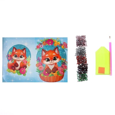 Алмазная мозаика с частичным заполнением на открытке «Лисёнок в цветах» для детей