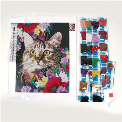 Алмазная мозаика с полным заполнением «Кот в цветах» 30х40 см, холст, ёмкость