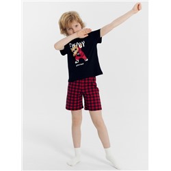 Комплект для мальчиков (футболка, шорты) черный в красную клетку