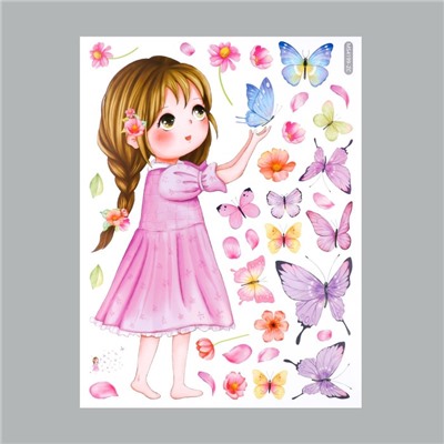 Наклейка пластик интерьерная цветная "Малышка с бабочками" 30х40 см