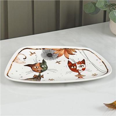 Блюдо фарфоровое сервировочное Доляна «Коты-аристократы», 30×18,5 см, цвет белый