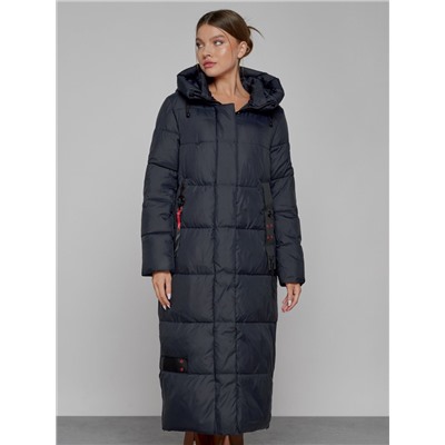 Пальто утепленное с капюшоном зимнее женское темно-синего цвета 52109TS
