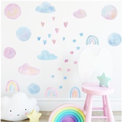 Наклейка пластик интерьерная цветная "Акварель. Облака, радуга, звёзды" 24х70 см
