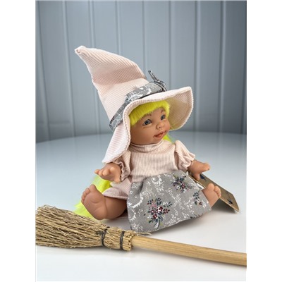 Пупс-мини "Ведьмочка", с желтыми волосами, в бледно-розовом платье и шляпе, 18 см. арт. 138U-3