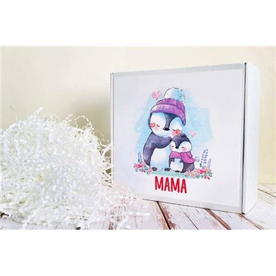 Коробка-бокс подарочная с наклейкой Мама-пингвины, с наполнителем