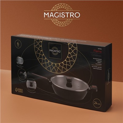 Сковорода Magistro Flame, d=24 см, h=6,3 мм, со стеклянной крышкой, ручка soft-touch, антипригарное покрытие, индукция