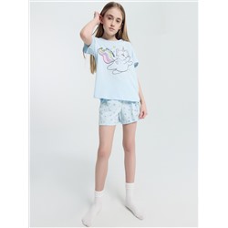 Комплект для девочек (футболка, шорты) голубой в сердечки