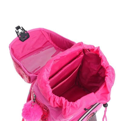 Ранец на замке Seventeen "Кот", 34 х 26 х 13 см, на ножках, мигающий замок, розовый, чёрный