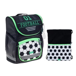 Ранец школьный Сalligrata "Футбол" + мешок для обуви, 36 х 26 х 16, чёрный, зелёный