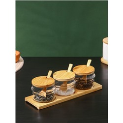Набор банок стеклянных для сыпучих продуктов на деревянной подставке «Эко. Грани», 295 мл, 30×10×13 см, 3 шт