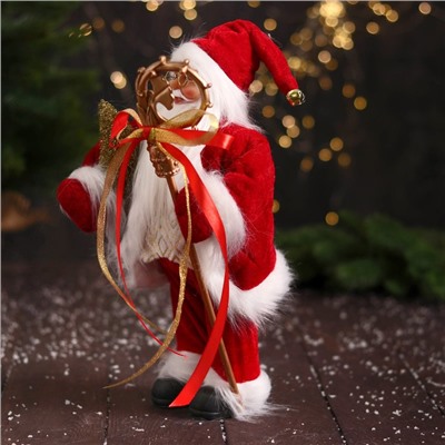 Дед Мороз " В кафтане с мехом и узорным посохом" 30 см, бело-красный