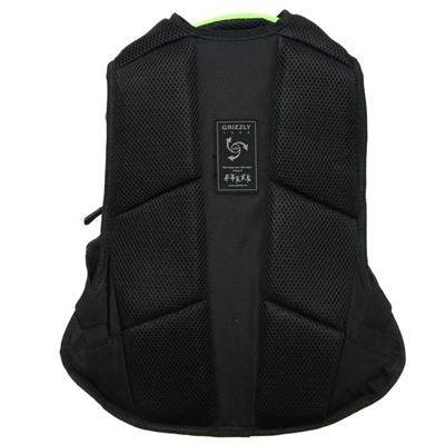 Рюкзак школьный Grizzly, 39 х 26 х 20 см, эргономичная спинка, чёрный, салатовый