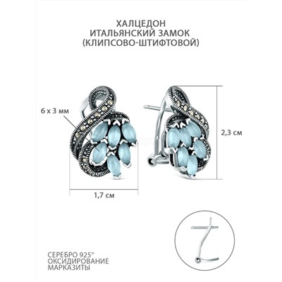 Серьги из чернёного серебра с халцедоном и марказитами HE-540гх