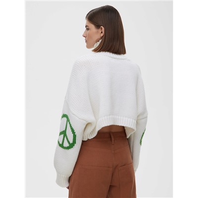 Кроп свитер с интарсией пацифик, бело-зеленый